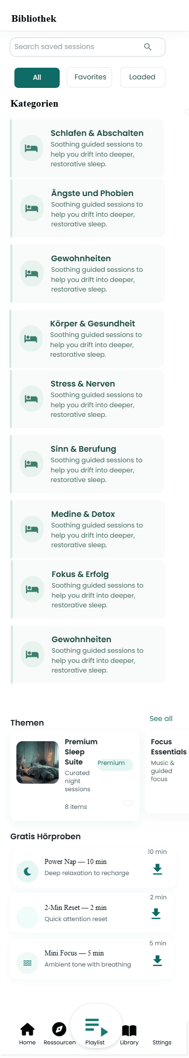 Bibliothek-Bildschirm der Hypnuio App